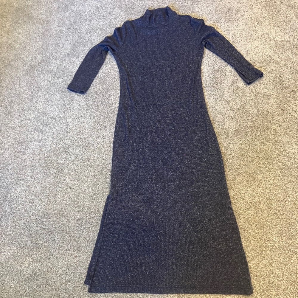 Banana Republic Navy Blue Marl Ribbed Mock Neck Midi Dress Side Slit Size M